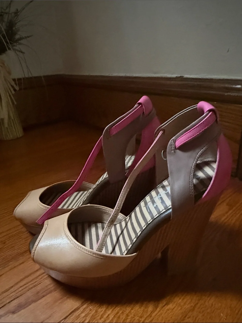 Two-Tone Pink & Tan Platform Heel with Ankle Strap